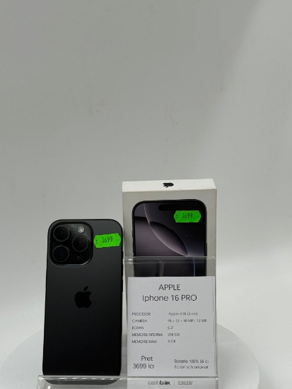 Imagine IPhone 16 PRO 256GB  baterie 100% 56 cicluri, ecran schimbat original in reprezentata Apple