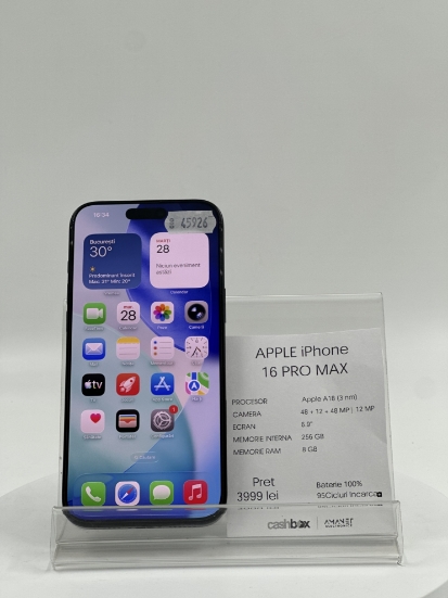 Imagine IPhone 16 PRO MAX 256GB Baterie 100% 95 incarcari