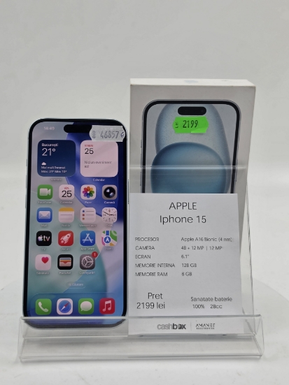 Imagine IPhone 15 128GB BAT 100% 28CC Produs Ca Nou